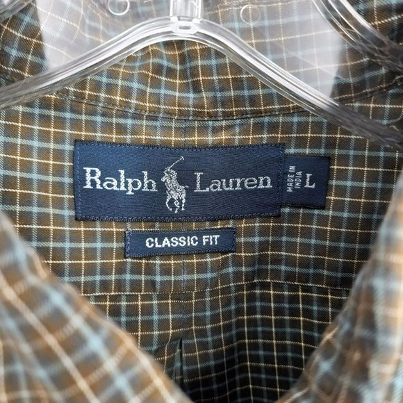 Ralph Lauren Button Down Shirt L Brown Blue Plaid Check Classic Fit 100% Cotton - Picture 2 of 11